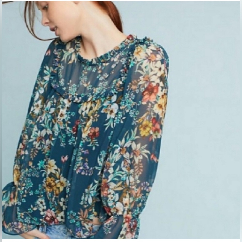 Anthropologie Eri+Ali Velma Floral Navy Blouse